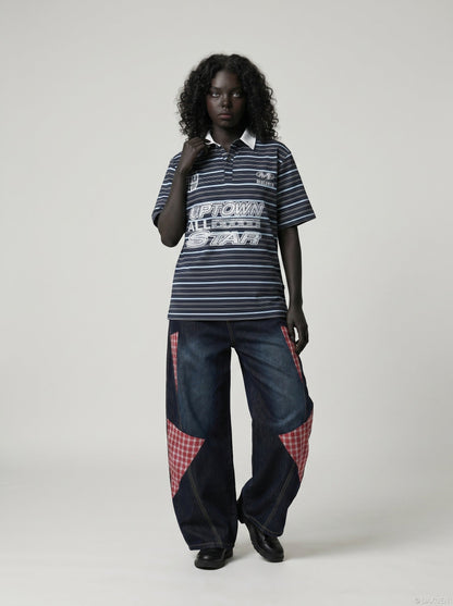 DAXUEN Navy and light blue striped polo shirt — model photo