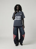 DAXUEN Navy and light blue striped polo shirt — model photo