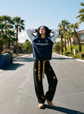 DAXUEN navy blue and burgundy colour-blocked sweatshirt — model photo