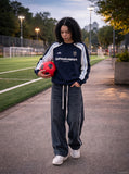 DAXUEN navy blue and burgundy colour-blocked sweatshirt — model photo