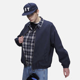 DAXUEN navy blue oversized bomber jacket with plaid collar