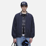 DAXUEN navy blue oversized bomber jacket with plaid collar