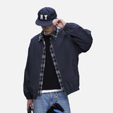 DAXUEN navy blue oversized bomber jacket with plaid collar