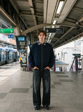 DAXUEN navy blue oversized bomber jacket with plaid collar — model photo