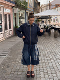 DAXUEN navy blue oversized bomber jacket with plaid collar — model photo