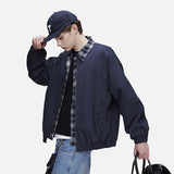 DAXUEN navy blue oversized bomber jacket with plaid collar