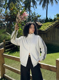 DAXUEN navy blue fleece zip jacket with yellow stripes — model photo