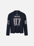 DAXUEN navy blue oversized two-tone '07' graphic jersey top