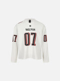 DAXUEN navy blue oversized two-tone '07' graphic jersey top