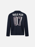 DAXUEN navy blue oversized two-tone '07' graphic jersey top