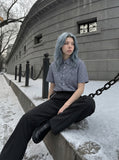 DAXUEN Navy and white gingham short-sleeved shirt — model photo