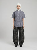 DAXUEN Navy and white gingham short-sleeved shirt — model photo