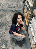 DAXUEN navy blue mesh polo with white number 10 — model photo