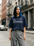 DAXUEN Navy oversized polo shirt with graphics — model photo