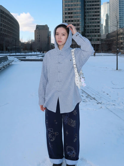 DAXUEN Navy wide-leg sweatpants with embroidered graphics — model photo