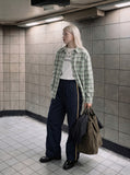 DAXUEN navy wide-leg trousers with zig-zag stripes — model photo