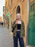 DAXUEN navy wide-leg trousers with zig-zag stripes — model photo
