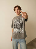 DAXUEN faded grey nine-panel newsprint graphic tee — model photo