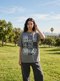 DAXUEN faded grey nine-panel newsprint graphic tee — model photo