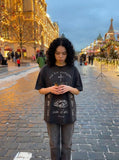 DAXUEN Distressed oversized crew-neck t-shirt with graphic prints — model photo