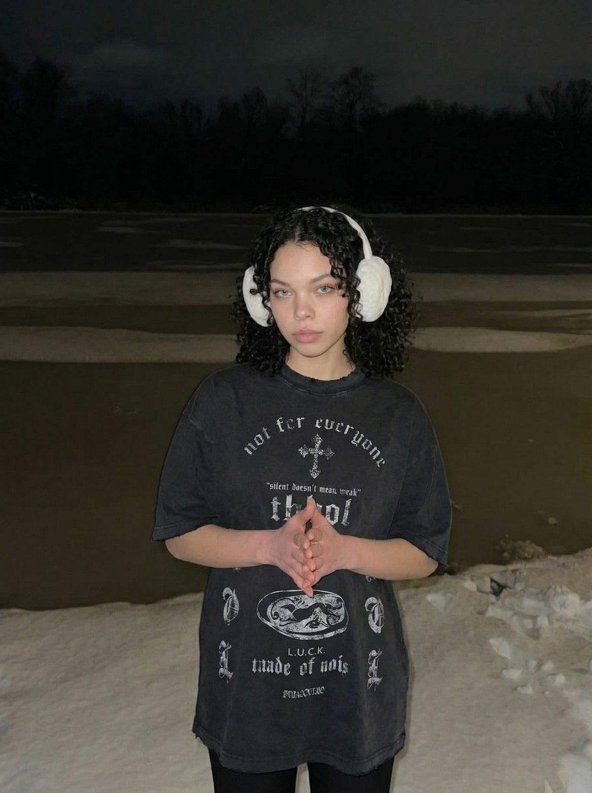 DAXUEN Distressed oversized crew-neck t-shirt with graphic prints — model photo