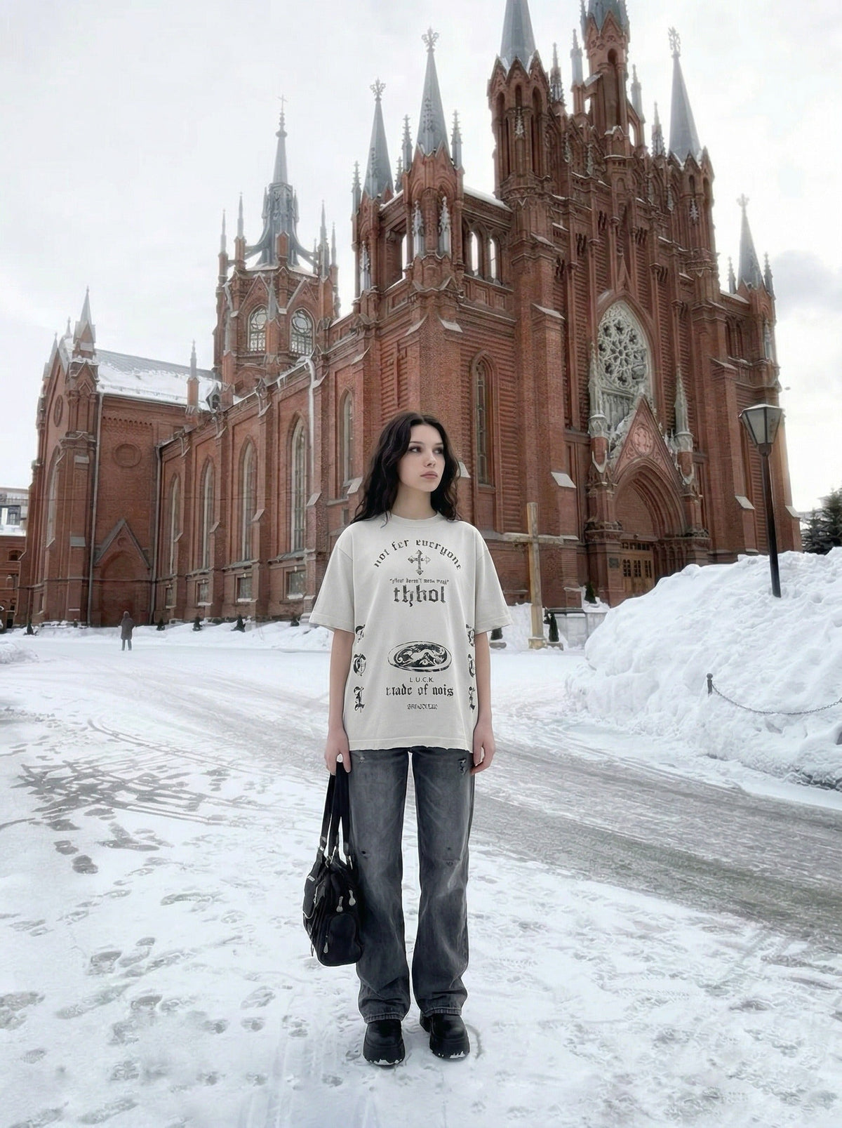 DAXUEN Distressed oversized crew-neck t-shirt with graphic prints — model photo