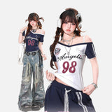DAXUEN white and navy off-shoulder angelic graphic top