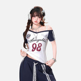 DAXUEN white and navy off-shoulder angelic graphic top