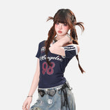 DAXUEN white and navy off-shoulder angelic graphic top