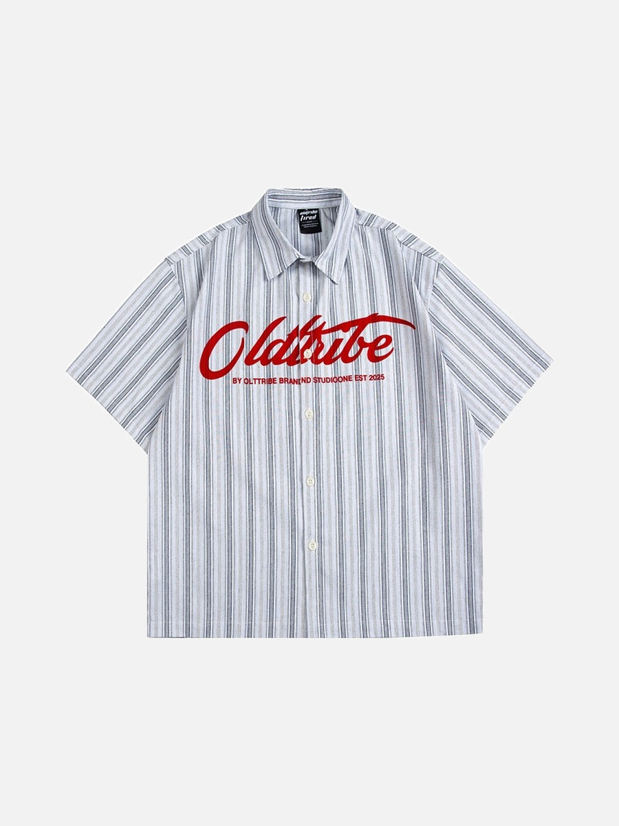Bold Script-Text Striped Button-Up Shirt