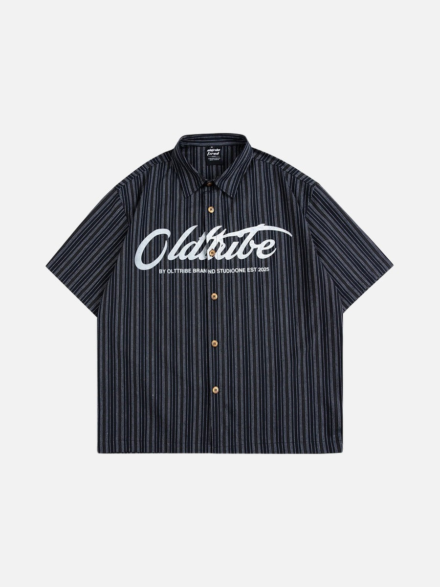 Bold Script-Text Striped Button-Up Shirt