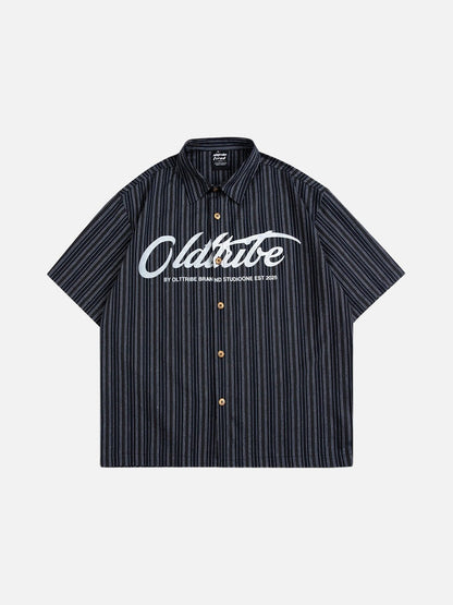 Bold Script-Text Striped Button-Up Shirt