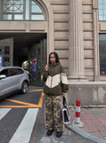DAXUEN olive camouflage wide-leg pants with pink stripes — model photo