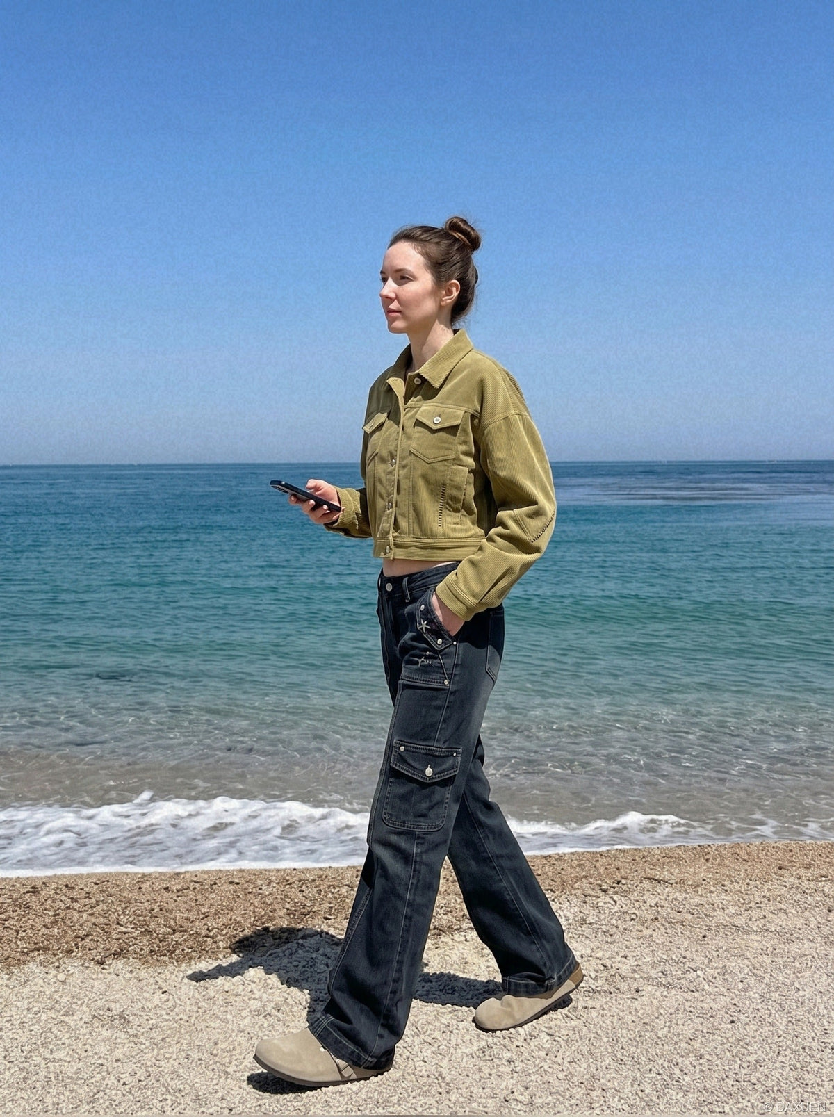 DAXUEN olive green cropped corduroy jacket — model photo