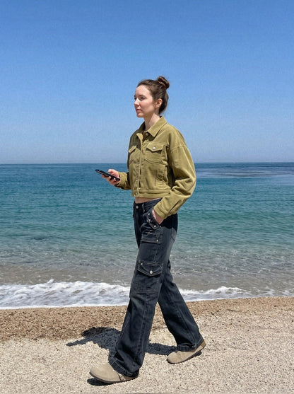 DAXUEN olive green cropped corduroy jacket — model photo