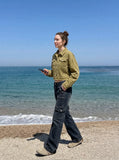 DAXUEN olive green cropped corduroy jacket — model photo