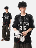 DAXUEN black open-knit mesh top with bold graphics