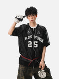 DAXUEN black open-knit mesh top with bold graphics
