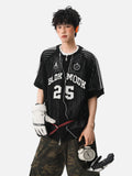 DAXUEN black open-knit mesh top with bold graphics