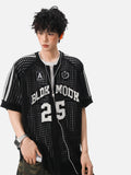 DAXUEN black open-knit mesh top with bold graphics