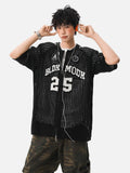 DAXUEN black open-knit mesh top with bold graphics