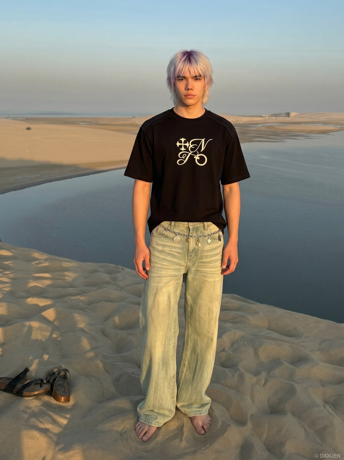 DAXUEN Ornate script graphic short-sleeved T-shirt — model photo