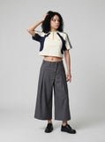 DAXUEN dark grey wide-leg overlapping panel culottes — model photo