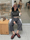DAXUEN dark grey wide-leg overlapping panel culottes — model photo