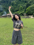 DAXUEN dark grey wide-leg overlapping panel culottes — model photo