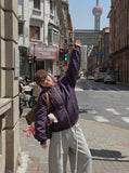 DAXUEN Oversized bomber jacket in purple and black — model photo