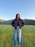 DAXUEN Oversized bomber jacket in purple and black — model photo