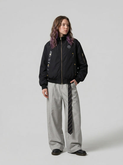 DAXUEN Oversized bomber jacket in black and navy — model photo