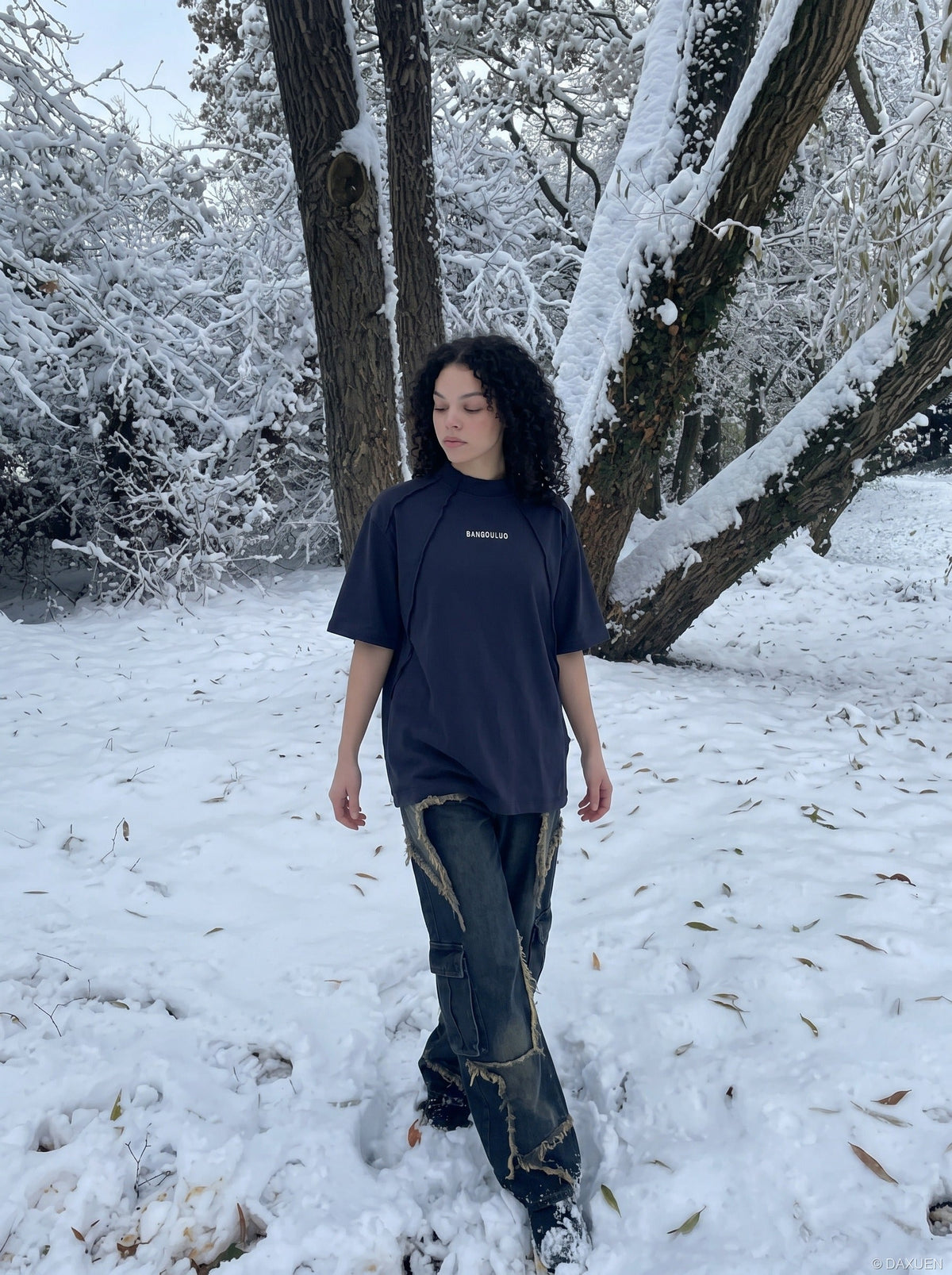 DAXUEN Oversized deconstructed t-shirt in olive green and navy — model photo