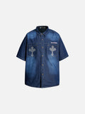 DAXUEN Oversized denim button-up shirt with reflective designs